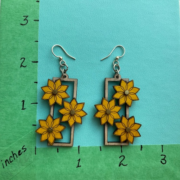 Kinetic Flower Gear Earrings - laser Cut from Reforested Wood Yellow & Natural - Picture 9 of 9